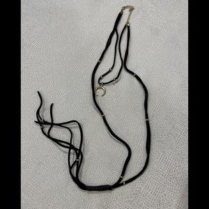 Black Faux Leather with Gold Long Layered Necklace